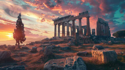 Poster - Beautiful view of Ancient temple ruins at sunset, remains of old Greek building on evening sky background. Concept of antique, Greece, landscape, travel,