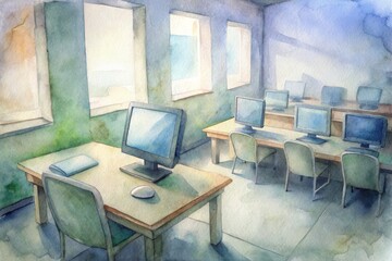 A watercolor daybreak in the computer lab
