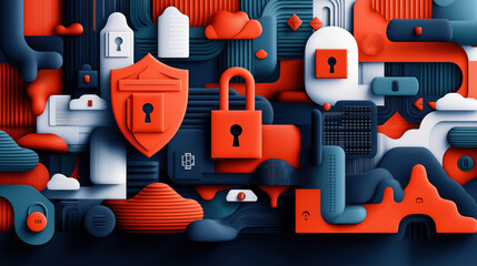 Wall Mural - Abstract illustration of cybersecurity elements such as locks, shields, and keyholes in a blue and red color palette, representing digital security and protection.