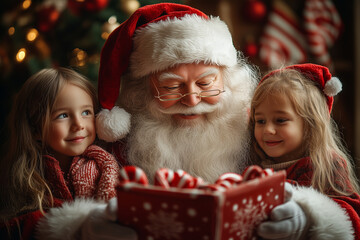 Wall Mural - Santa Claus with children in a festive indoor setting, surrounded by Christmas decorations, creating a joyful holiday scene.