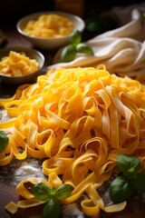 Wall Mural - Fresh tagliatelle on a dusted countertop.