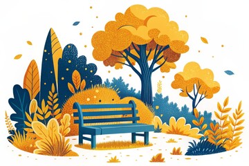 Wall Mural - A serene autumn park bench awaits a moment of reflection