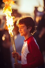 Canvas Print - A boy holding the Olympic torch.	