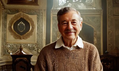 Wall Mural - Medium shot portrait video of a satisfied man in his 70s that is wearing a chic cardigan against a victorian or historical interior background