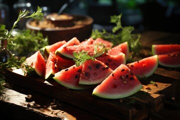 Fresh and sweet sliced ??watermelon in brown wood, generative IA