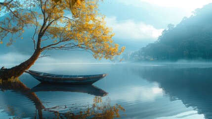 Canvas Print - Serene Lake with a Boat and Golden Tree