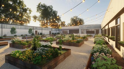 Aufkleber - A vibrant community garden featuring raised planting beds, blooming flowers, and string lights illuminating the area at dusk.