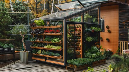 Poster - A contemporary greenhouse showcases a variety of vibrant vegetables arranged on wooden shelves, surrounded by fall foliage and lush greenery.