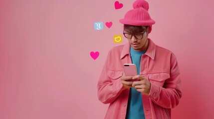 Aufkleber - A man in a pink sweater and hat interacts with his smartphone while colorful icons of likes and hearts float around him, capturing a moment of digital connection. Generative AI