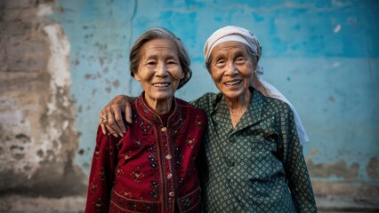 Wall Mural - Two elderly women standing next to each other smiling, AI