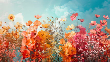 Wall Mural - Vibrant blooms of wildflowers under bright blue sky at sunrise