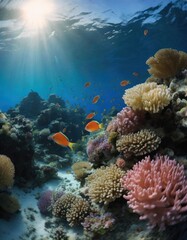 underwater coral reef landscape wide panorama background in the deep blue ocean with