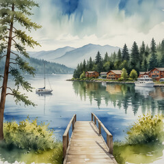 Sticker - A stunning watercolor illustration of Coeur d'Alene Lake in Idaho. Capture the serene beauty of the lake with its clear, sparkling waters surrounded by lush, green forested hills.