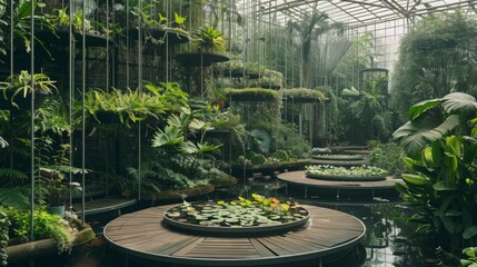 Aufkleber - A verdant indoor garden features floating circular platforms surrounded by water, showcasing a variety of tropical plants and cascading greenery.