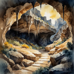 Wall Mural - Watercolor illustration of Carlsbad Caverns National Park in New Mexico. Capture the grandeur of the massive underground caverns with their dramatic stalactites.