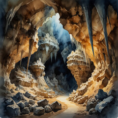 Sticker - Watercolor illustration of Carlsbad Caverns National Park in New Mexico. Capture the grandeur of the massive underground caverns with their dramatic stalactites.