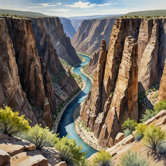 Wall Mural - Watercolor illustration of the Black Canyon of the Gunnison National Park in Colorado. Capture the dramatic and rugged cliffs of the Black Canyon