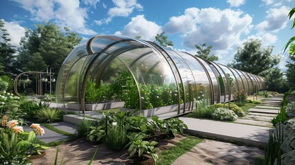 Poster - A contemporary greenhouse hosts vibrant plants in a well-maintained garden, illuminated by bright sunlight and framed by lush greenery.