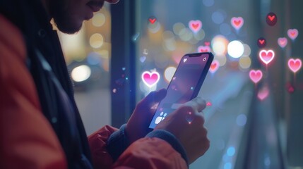 Aufkleber - A man focuses on his smartphone, interacting with social media while illuminated by colorful city lights and floating like icons. Generative AI