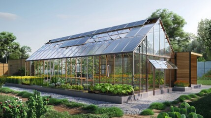 Poster - A contemporary greenhouse featuring solar panels grows vibrant plants in a flourishing garden. Sunlight filters through the glass, enhancing the natural beauty of the surroundings.
