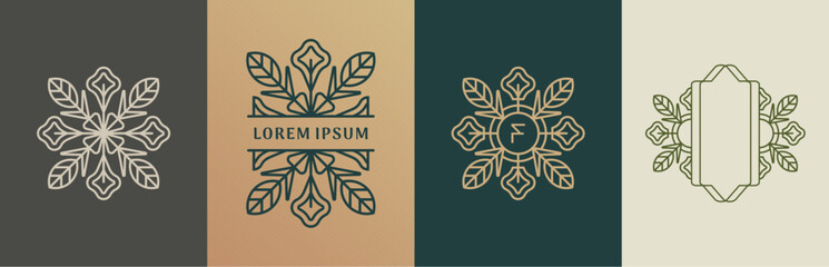 Luxury flowers and leaves logo design. Frames with copy space for text or letter. Abstract vector based creative line style template.