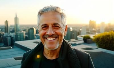 Wall Mural - Portrait of a handsome mature man smiling on the roof of a building