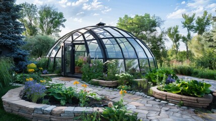 Aufkleber - A glass greenhouse stands among lush greenery and colorful flowers under a clear blue sky.