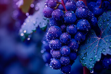 Wall Mural - Bunch of grapes with drops of water on a dark background in the full moonlight