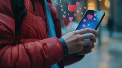 Aufkleber - A man interacts with his smartphone, surrounded by glowing like icons, as he strolls through a city street in the evening. Generative AI