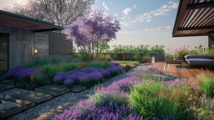 Aufkleber - A tranquil garden features lush lavender and a blooming tree, complemented by modern structures and wooden pathways under a clear sky.