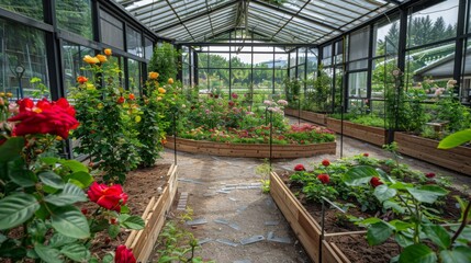 Aufkleber - A lush flower garden inside a glasshouse filled with vibrant roses and other plants, showcasing a serene atmosphere under the daylight.