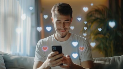 Poster - A man interacts with his smartphone, smiling as likes and hearts appear around him, indicating engagement on social media during the evening hours. Generative AI