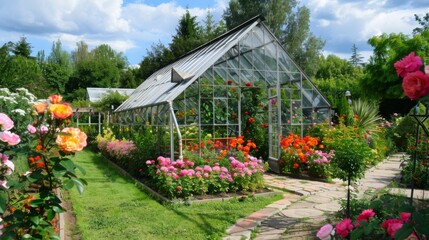 Aufkleber - A colorful variety of flowers blooms around a glass greenhouse in a lush garden under a clear sky.