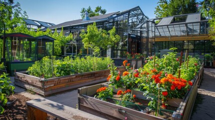 Poster - Colorful flowers bloom alongside healthy vegetables in a vibrant community garden featuring modern glass greenhouses.