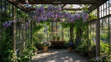 Poster - Wisteria flowers cascade from the ceiling in a lush conservatory filled with various plants and greenery.