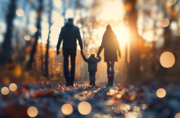 Canvas Print - Child And Parent Walking Hand In Hand Amidst Autumn Leaves At Sunset