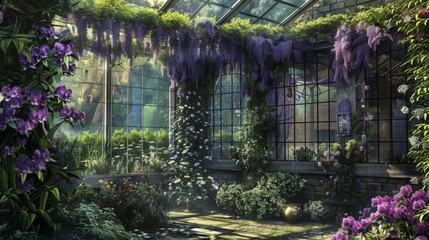 Aufkleber - A tranquil conservatory filled with vibrant orchids and green foliage, illuminated by soft sunlight filtering through large glass windows.