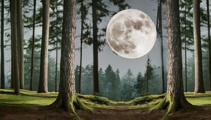 Wall Mural - full moon in dark woods at night fantasy forest panorama