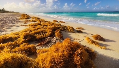 Wall Mural - sargassum seaweed a genus of brown class phaeophyceae macroalgae seaweed in the order fucales washed up on the caribbean coast in mexico