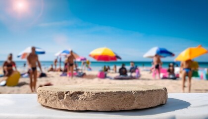 Sticker - a rugged stone podium placed on a lively beach scene with colorful beach umbrellas surfboards and families enjoying the sun ideal for a summer product display