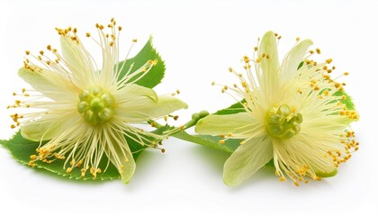 two linden tree flower with petals isolated on white background close up