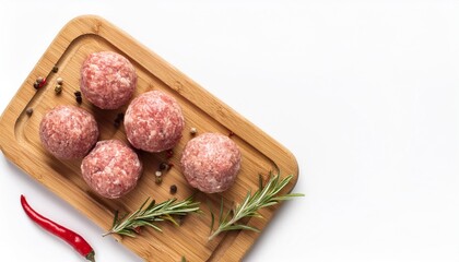 Wall Mural - raw meat balls on a chopping board rosemary chili pepper spices white background top view