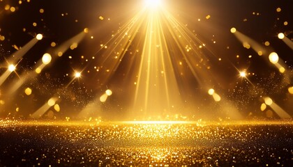 Wall Mural - gold and yellow color sparkle rays glitter lights with spotlight bokeh elegant show on stage abstract background dust sparks background spotlight background