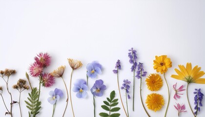 Wall Mural - pressed wildflowers arranged on a line white background