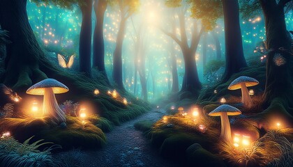 Wall Mural - enchanting fantasy forest whimsical creatures and magical lights for book covers