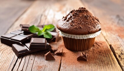 chocolate muffin with cocoa powder and chocolate pieces on wooden background