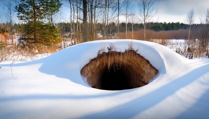 Canvas Print - entrance to a beaver burrow in winter