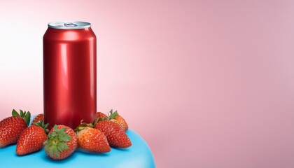 Wall Mural - soda can floats with fresh strawberries playful scene offering whimsical take on beverage photography with copy space