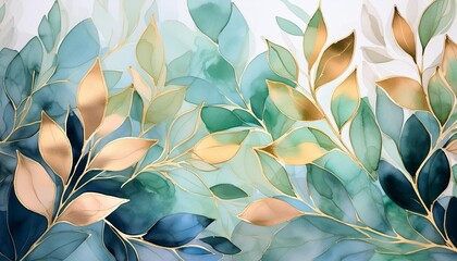 Wall Mural - ethereal watercolor foliage with golden accents generative ai