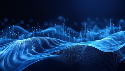 Wall Mural - a captivating abstract composition of blue frequencies against a dark backdrop blue digital sound wave background digital particles wave flow with bokeh abstract background abstract blue sound wave